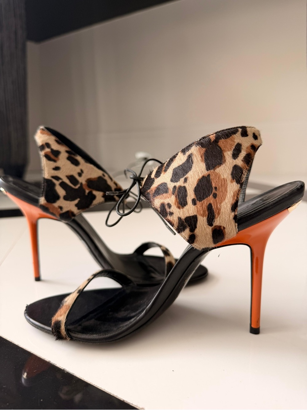 Burberry Leopard Print Tie-Front Stiletto Sandals - Black & Orange